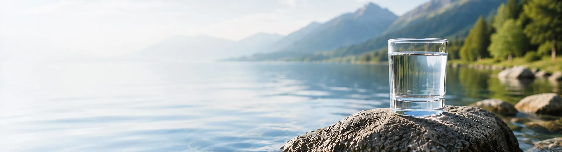 Glas mit klarem Wasser auf einem Felsen am See mit Bergen im Hintergrund